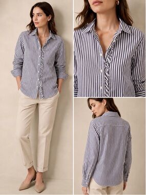 Banana Republic Riley stretch button down. Charcoal stripe ruffle pleats size 10